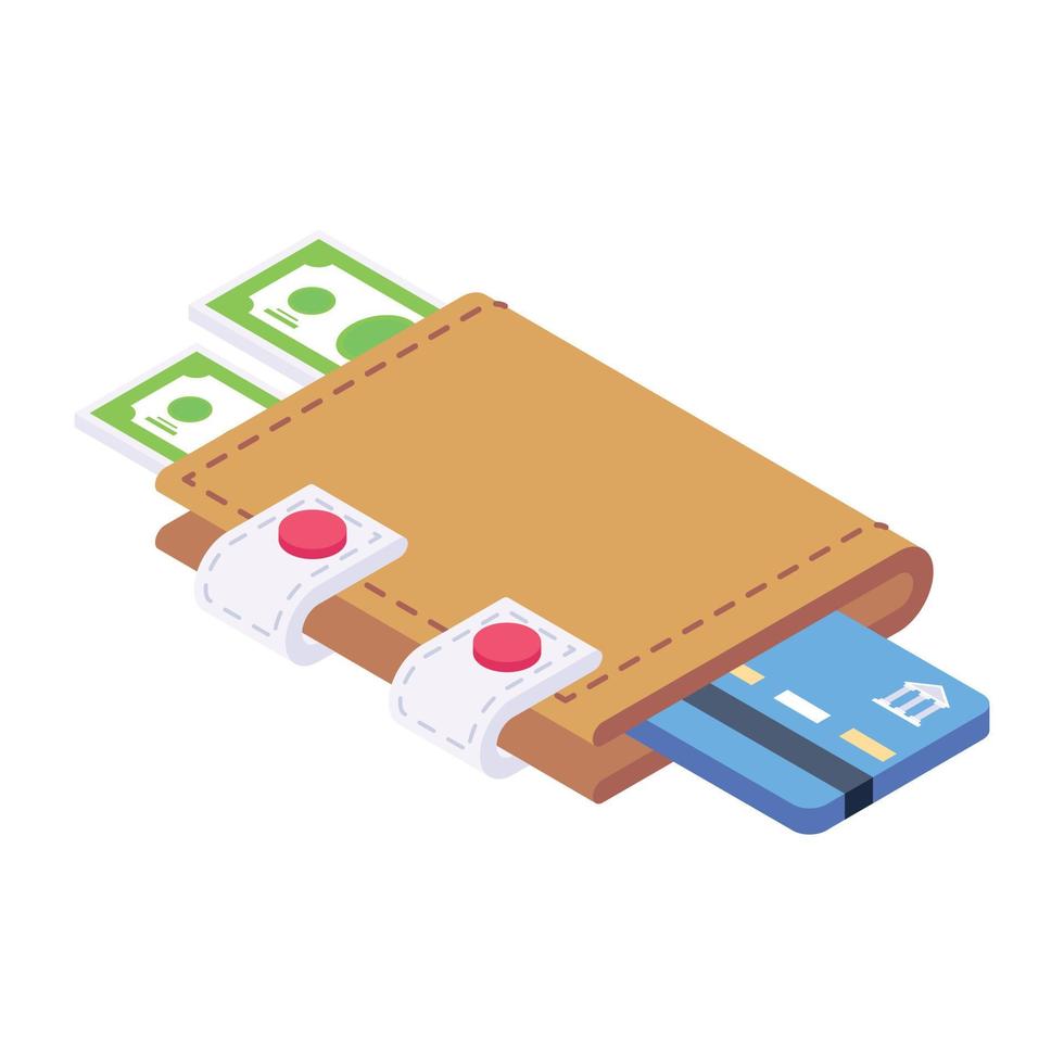 Cash wallet icon in isometric style, vector