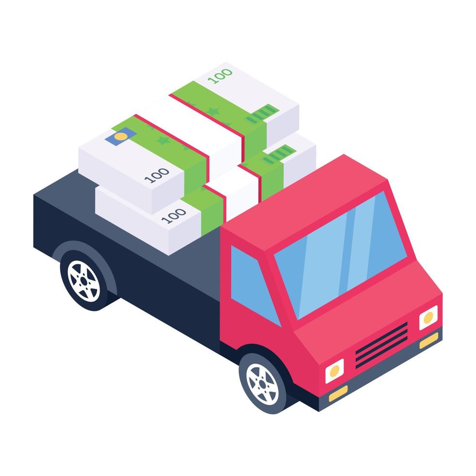 Pickup with banknotes denoting isometric style icon of cash delivery vector