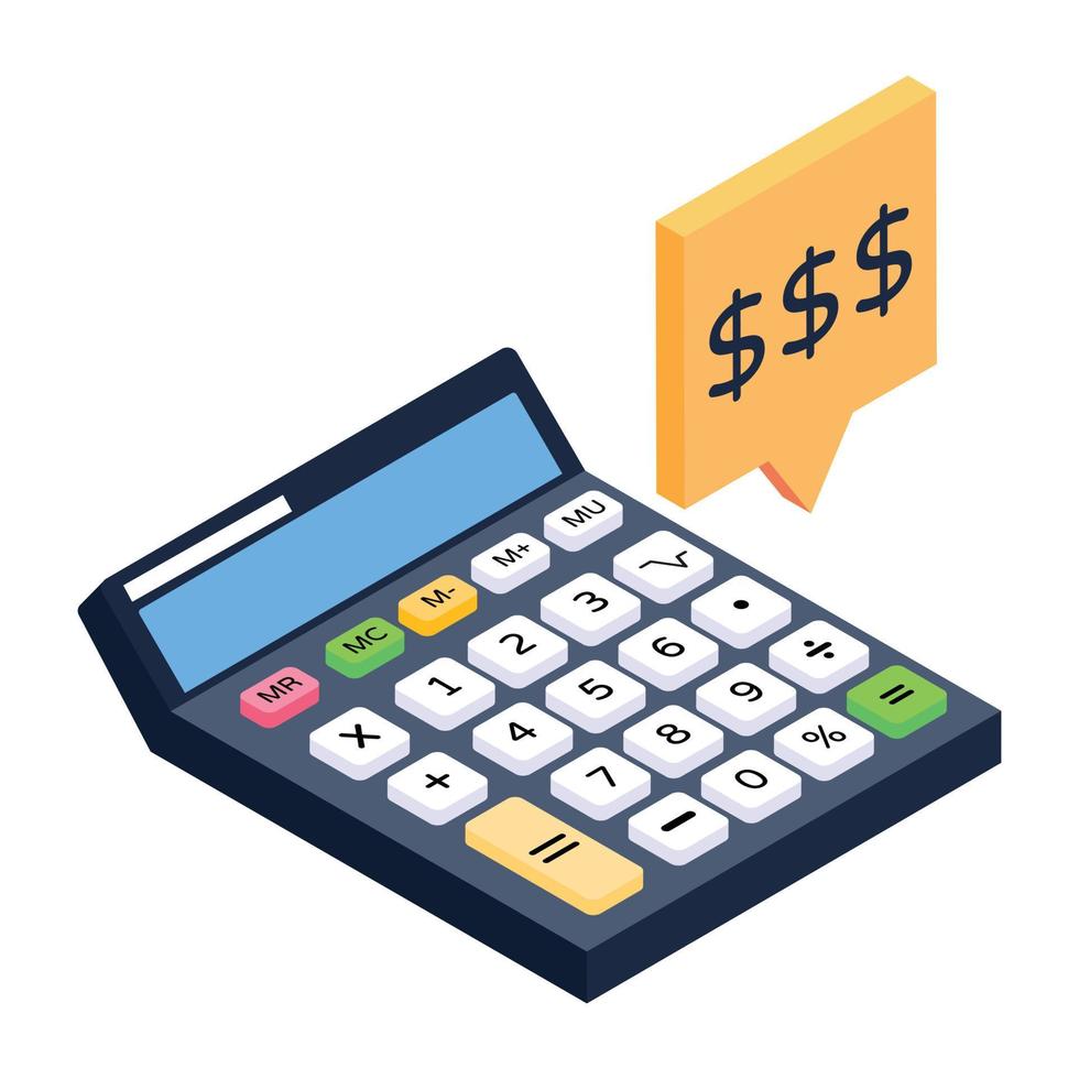 Money with calculator denoting isometric icon of financial calculation vector