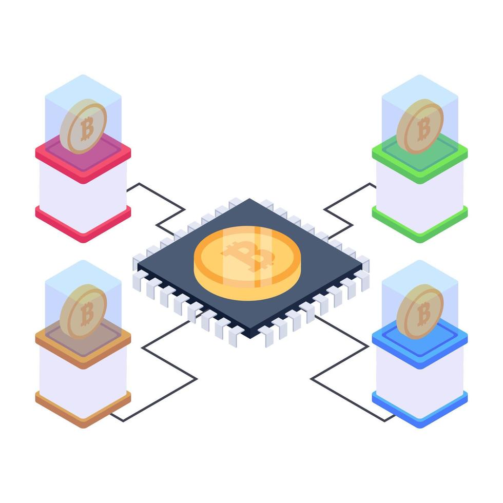 Bitcoin network isometric style icon, blockchain technology vector