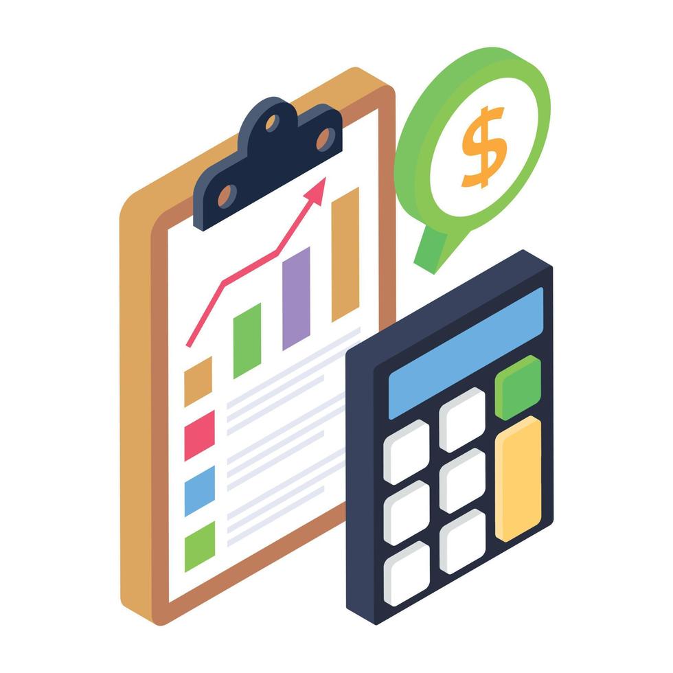 Money with calculator denoting isometric icon of financial calculation vector