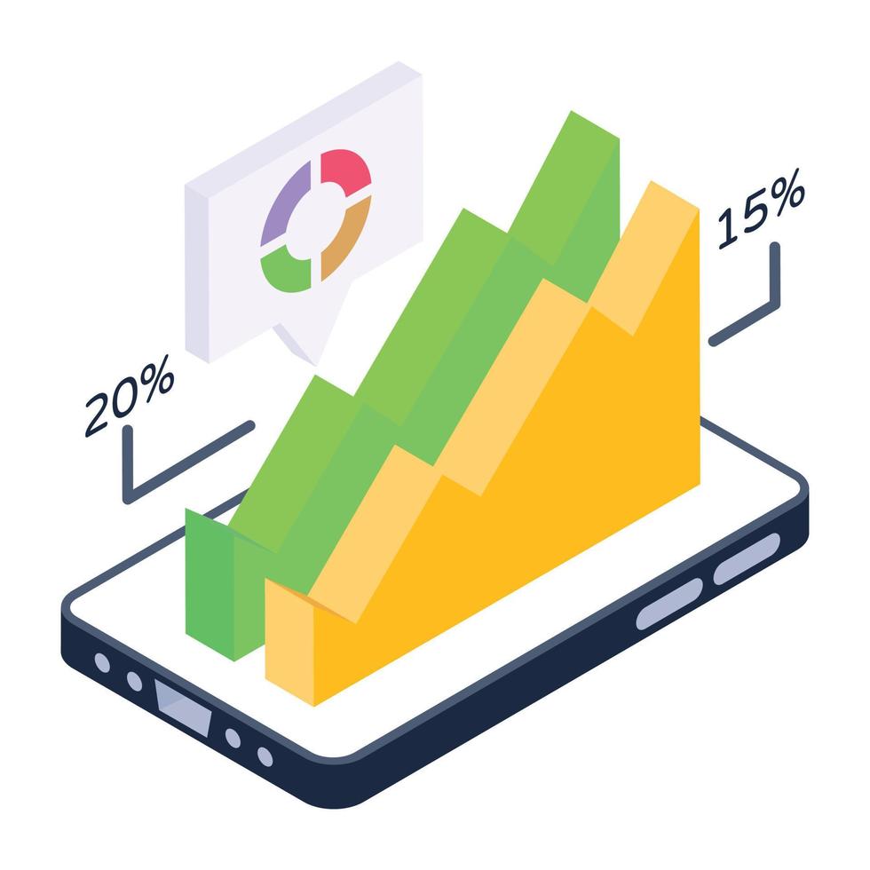 Chart inside mobile denoting isometric icon of phone statistics vector