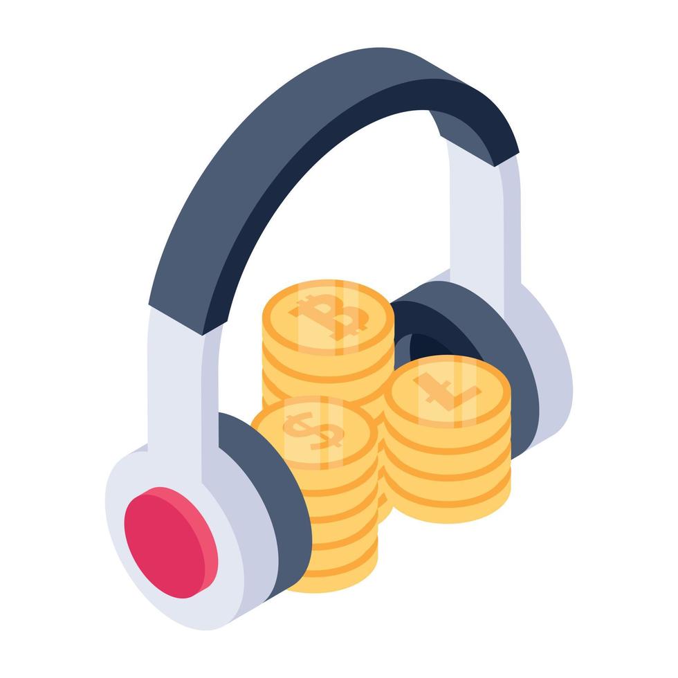 Headphones with coins denoting isometric icon of finance support vector