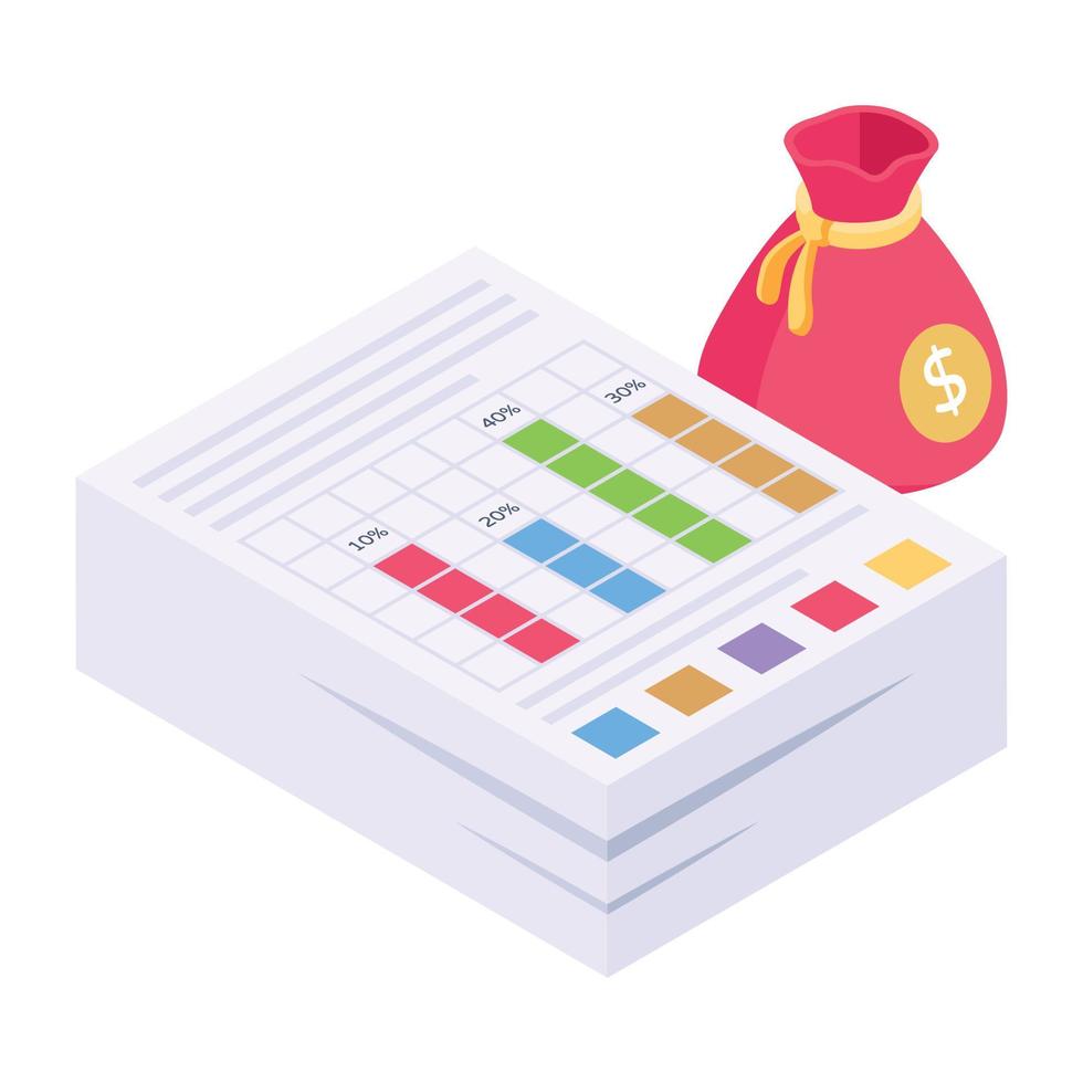Papers with charts and graphs denoting isometric icon of business documents vector