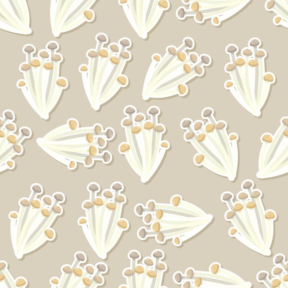 Seamless Enokitake mushroom cartoon sticker pattern vector