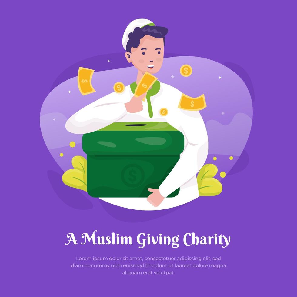 un musulmán que da infaq sadaqah significa dar limosna o concepto de caridad vector