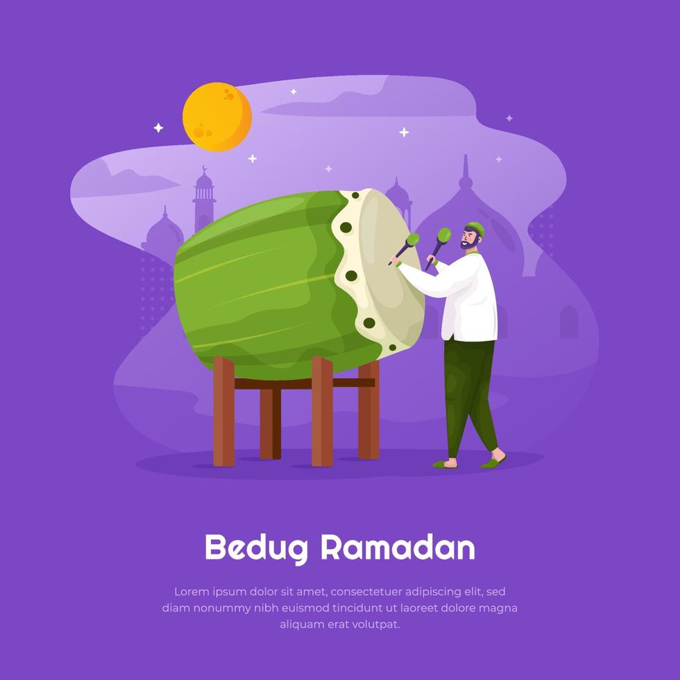 A muslim hitting bedug or traditional drum for Ramadan concept vector