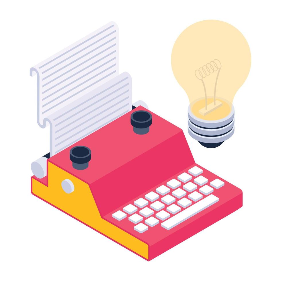 Bulb with typing machine denoting isometric icon of creative typewriter vector
