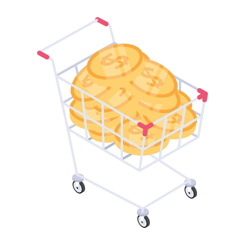 Coins inside trolley denoting isometric style icon of dollar shopping vector