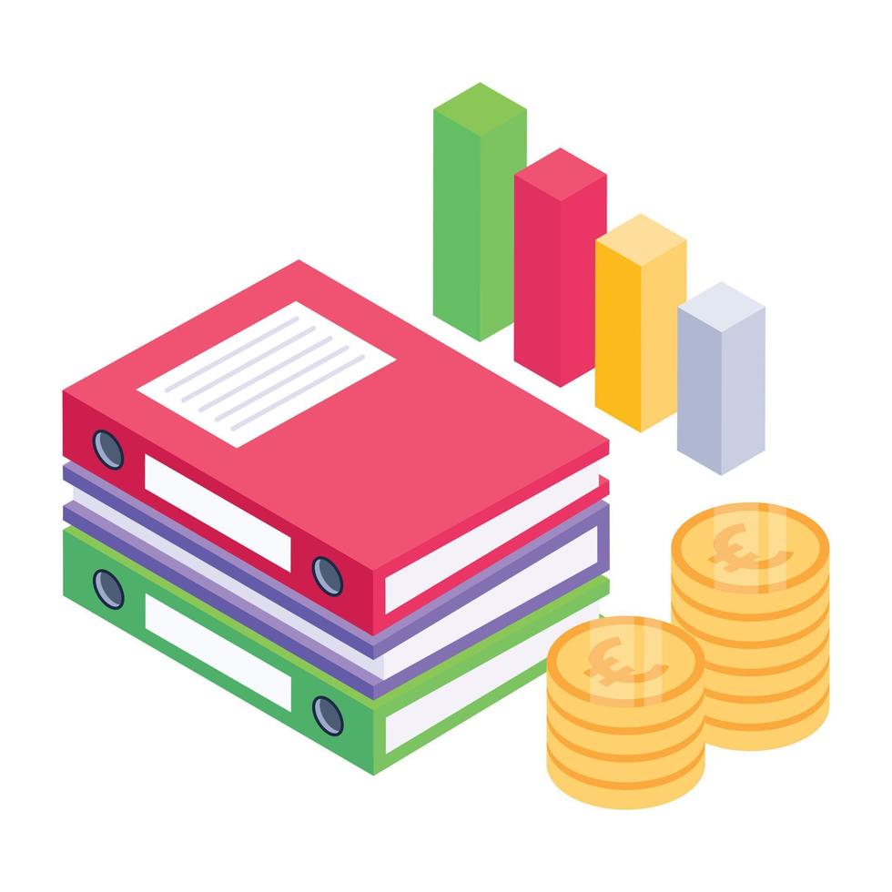 Papers with charts and graphs denoting isometric icon of business documents vector