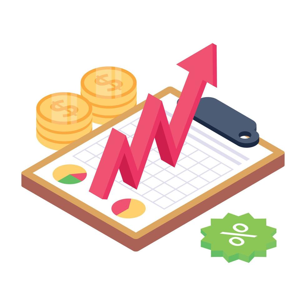 informe de productividad icono isométrico, eficiencia empresarial vector