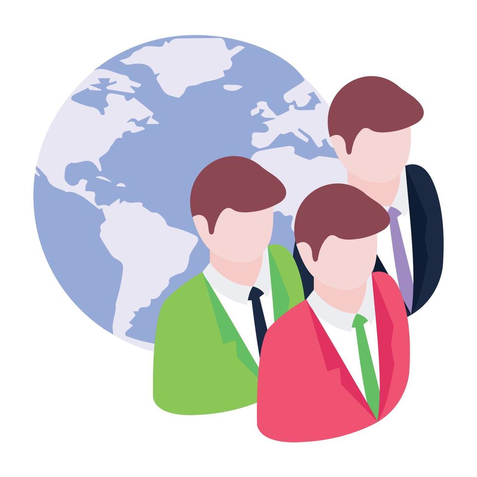 Persons with globe, isometric icon of global team vector