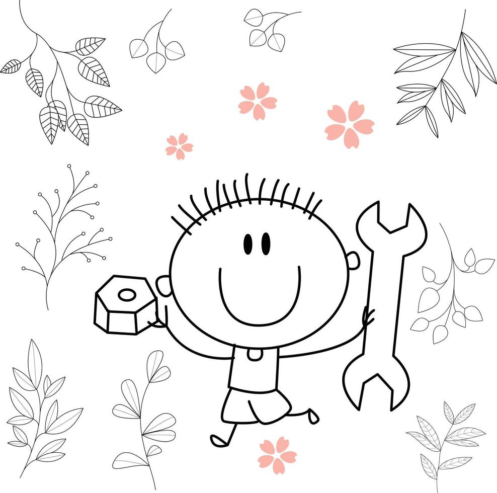 a child is creative with a handyman tool. for classic graphic design needs. consists of black and white lines. can be used for coloring books vector