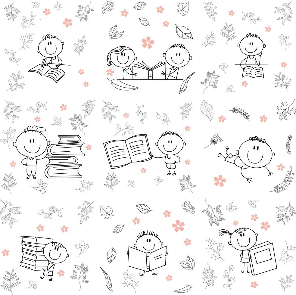 set of children learning to read a book for classic graphic design needs. consists of black and white lines. can be used for coloring books vector