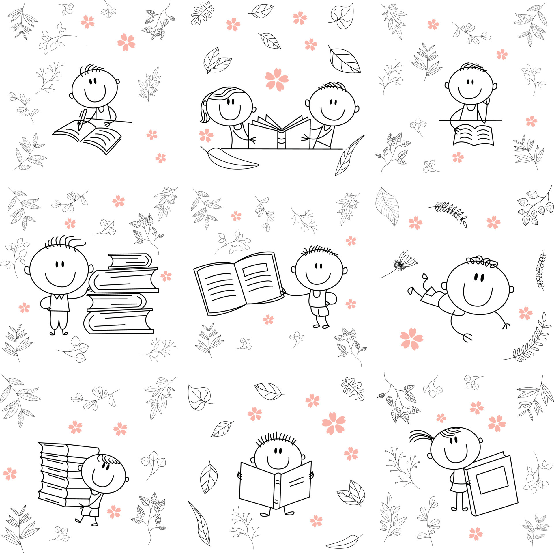set-of-children-learning-to-read-a-book-for-classic-graphic-design