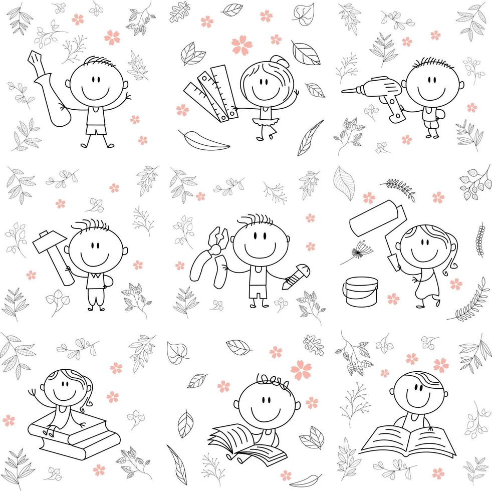 set children to be creative with handyman tools. for classic graphic design needs. consists of black and white lines. can be used for coloring book vector