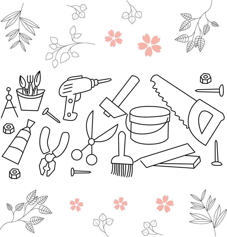 handyman equipment set. for classic graphic design needs. consists of black and white lines. can be used for coloring books vector