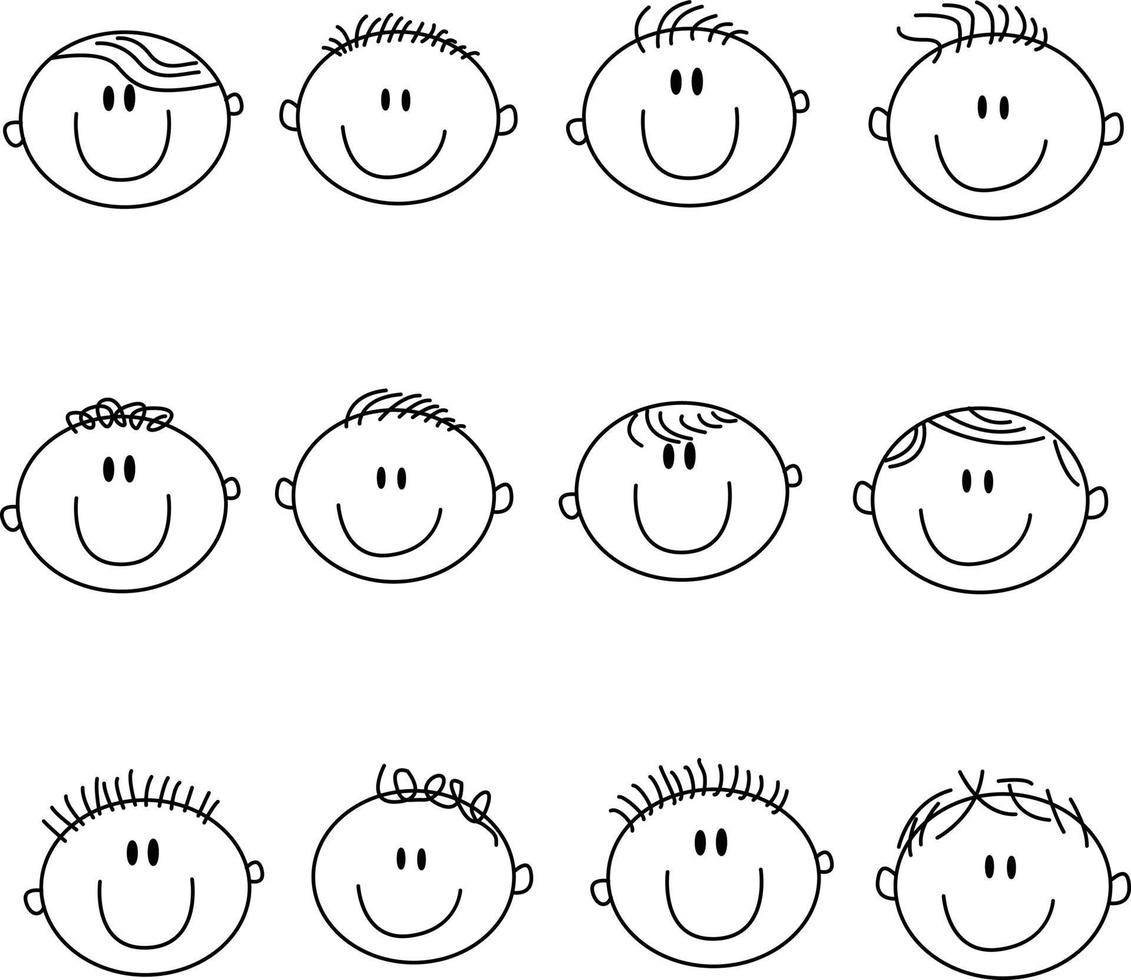 juego de caras para niños para las necesidades clásicas de diseño gráfico. consta de líneas blancas y negras. se puede utilizar para colorear libro vector