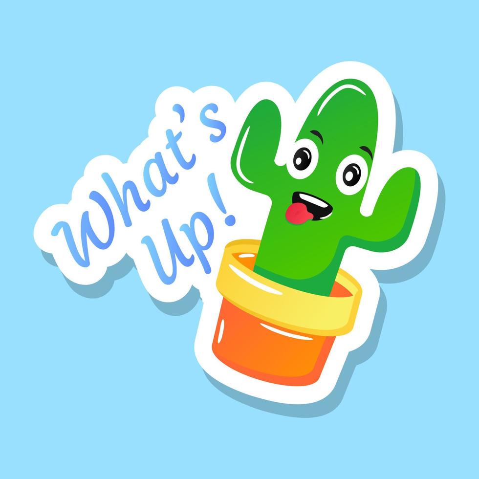 A cute cactus face with whats up text, flat sticker vector