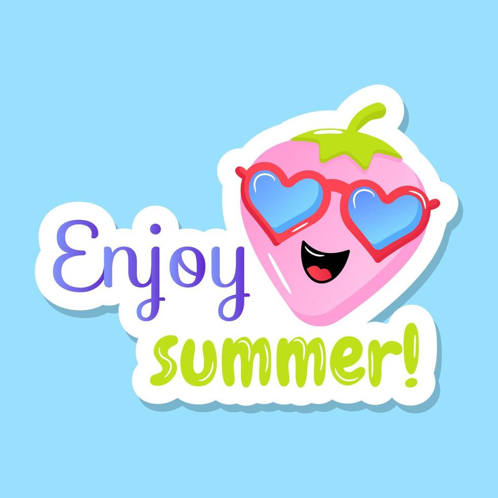 A cute strawberry with goggles, enjoy summer flat sticker vector