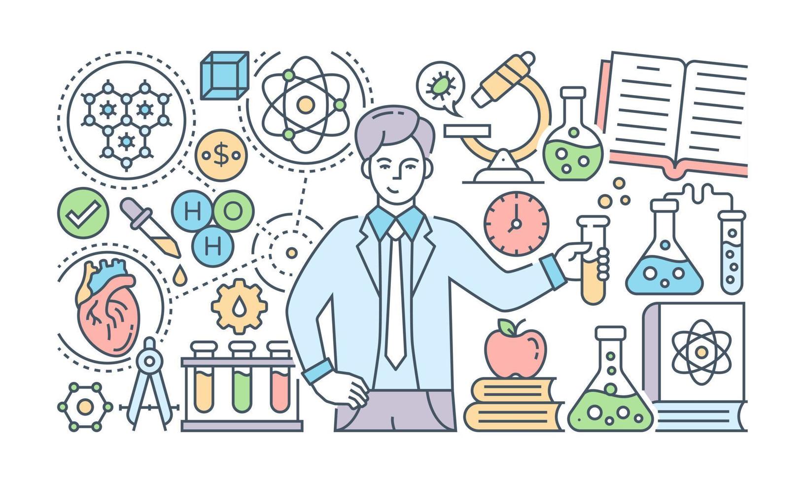 An illustrScientist, chemist, researcher, experimenter, lab, technician, vector, flat, illustration, banneration of scientist, editable banner vector