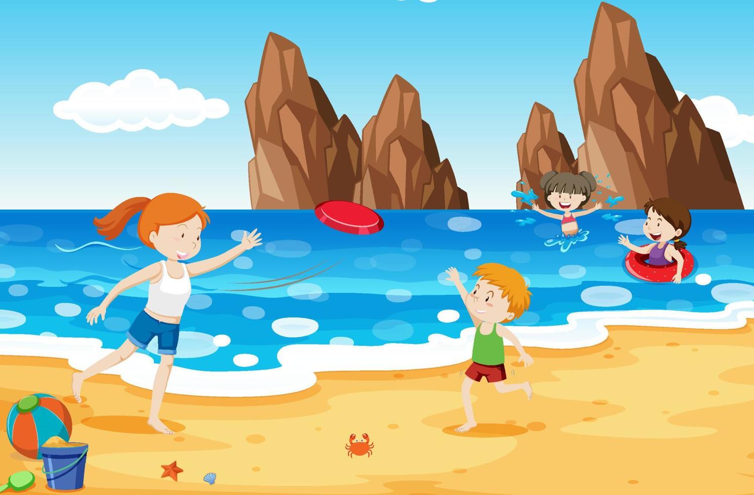 niños jugando en la playa en verano vector