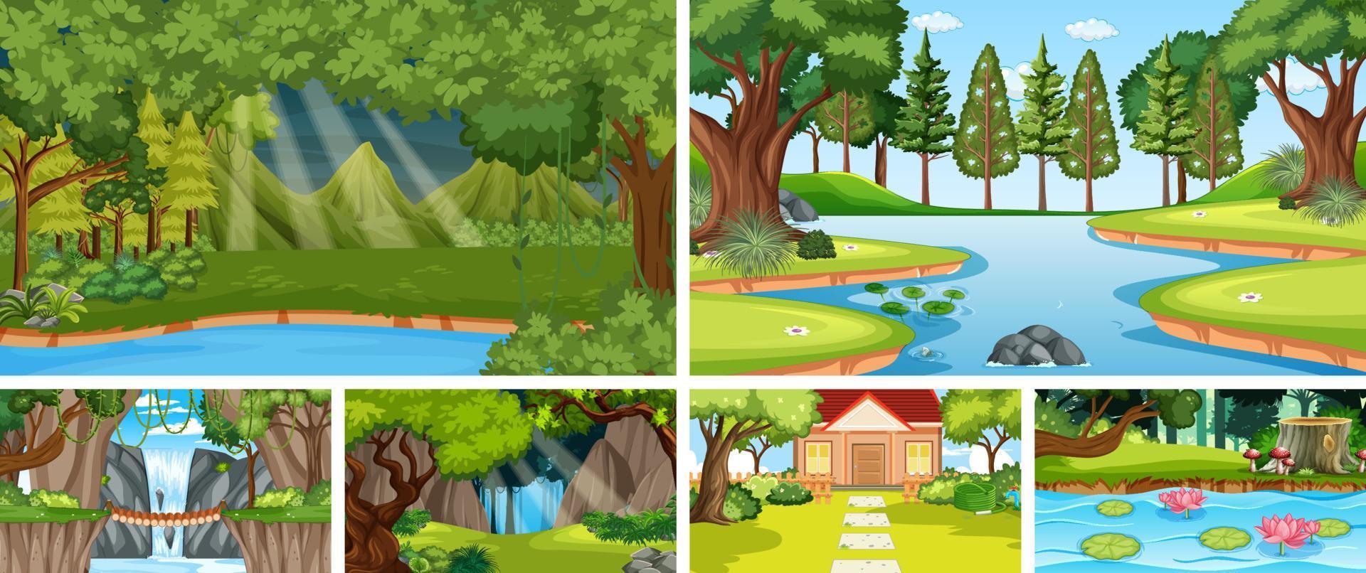 Nature scene with many trees and river vector