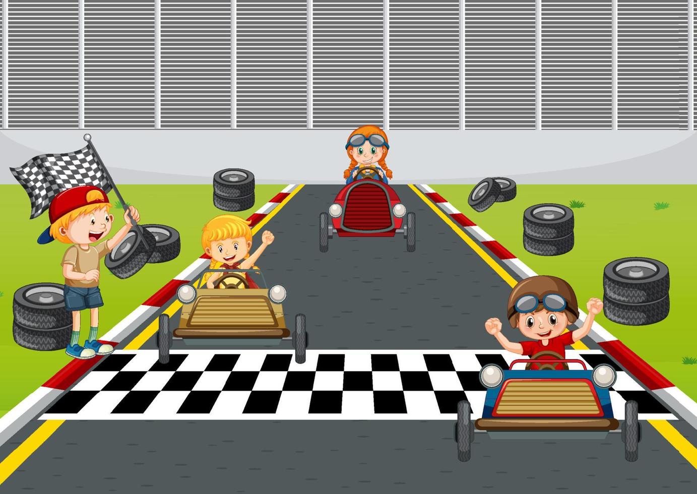 Soapbox derby scene with children racing car vector