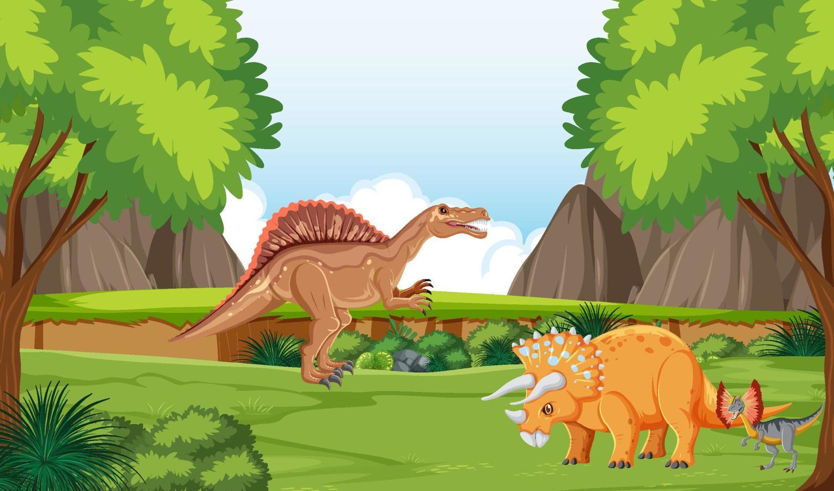 Nature scene with trees on mountains with dinosaur vector