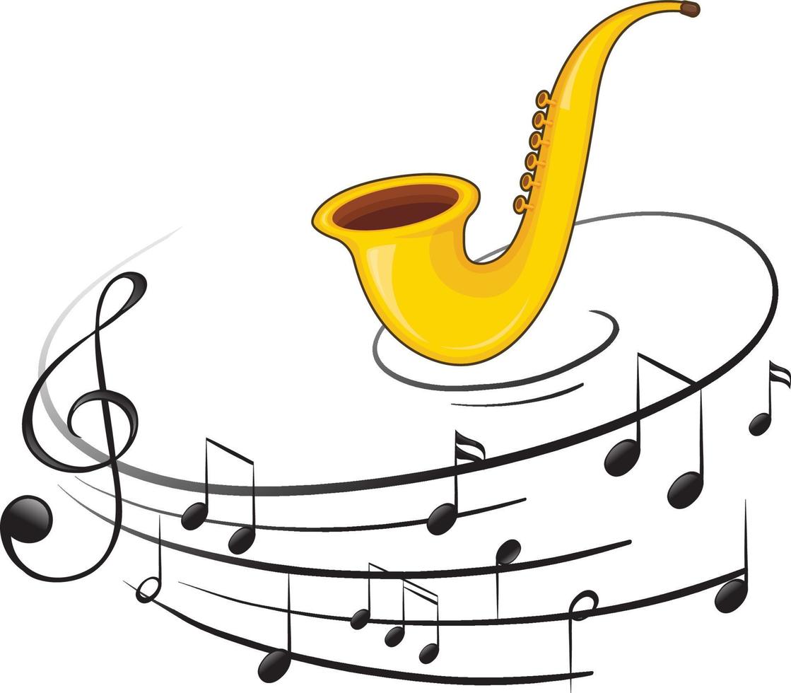 un saxofón con notas musicales sobre fondo blanco vector