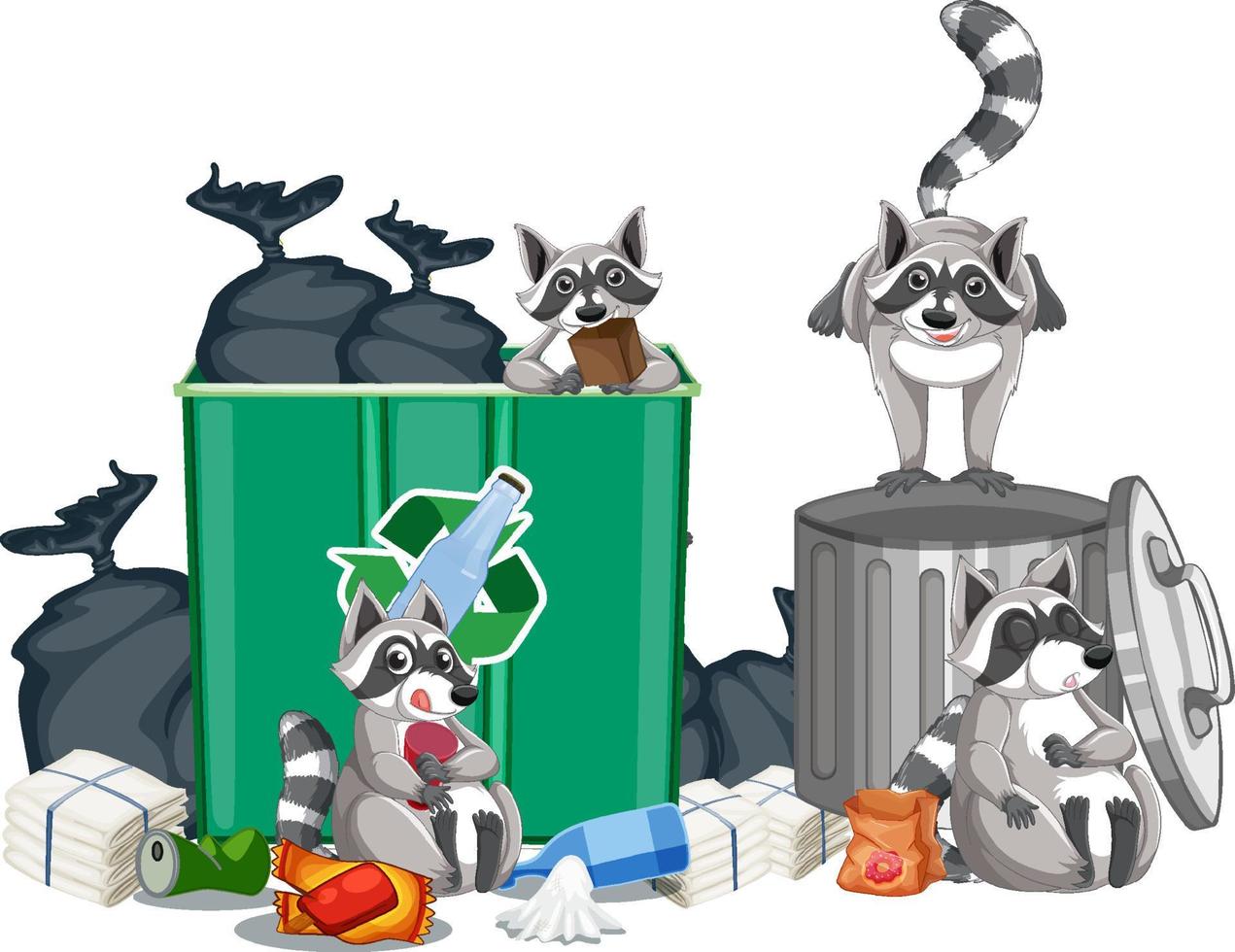 Four raccoons eating food from trash vector