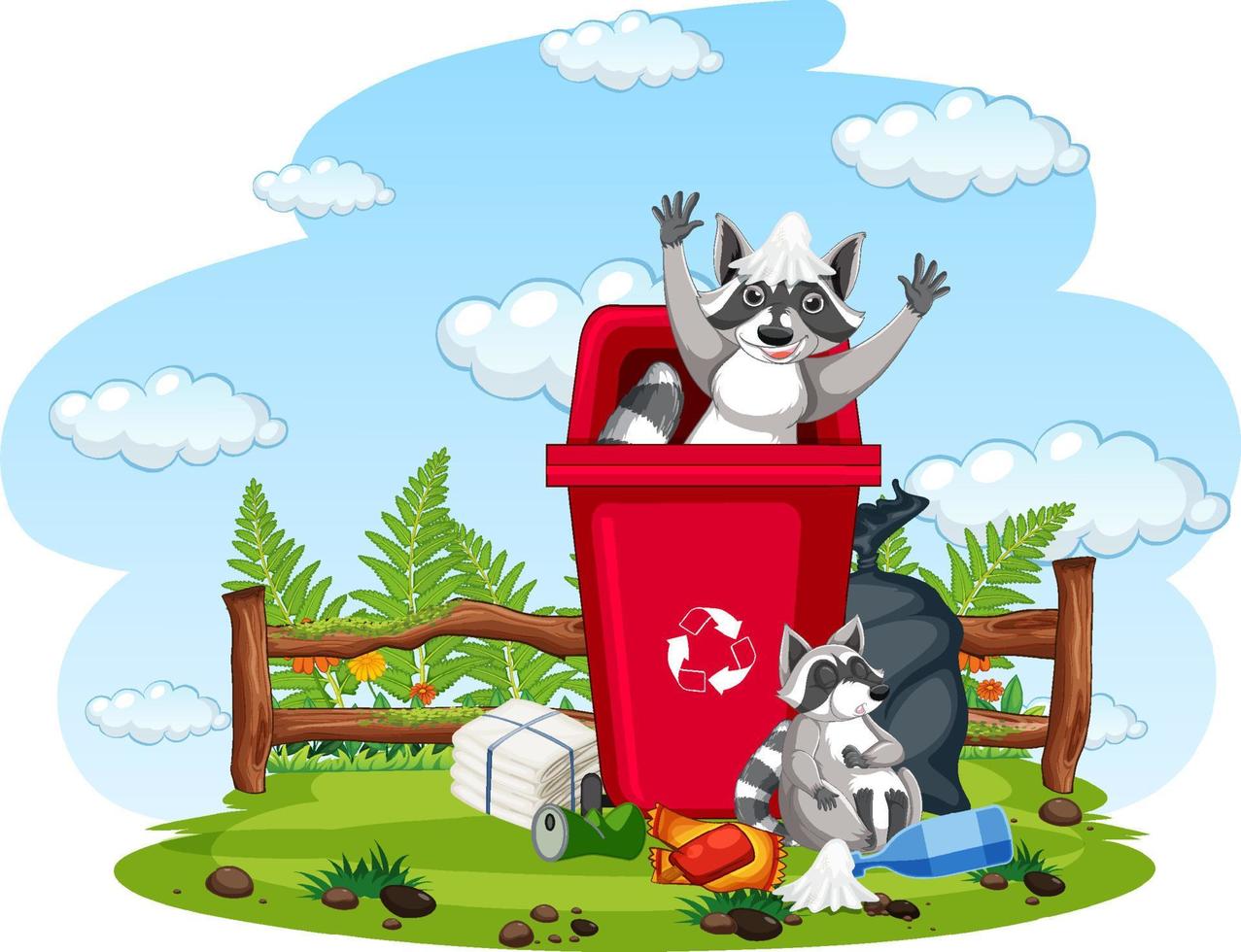 Scene with raccoon eating food from trash vector