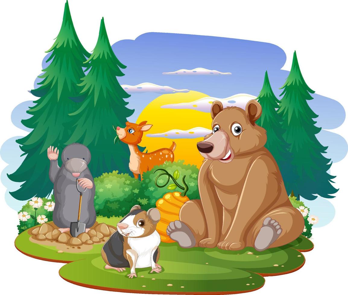 Isolated scene with different cute animals vector