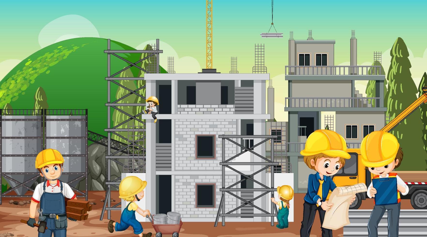 Building house construction site and workers vector