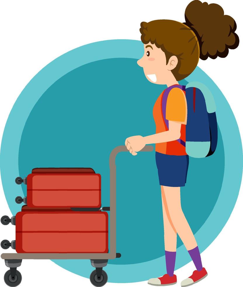 Happy girl pushing cart with luggages vector