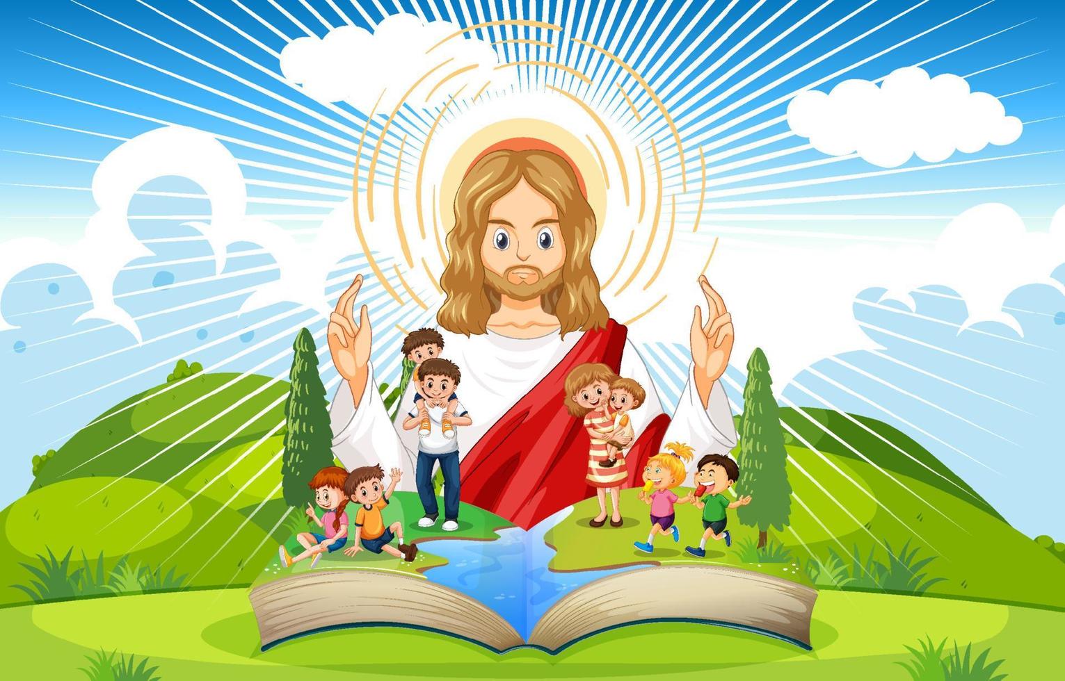 Opened book with Jesus Christ and people vector