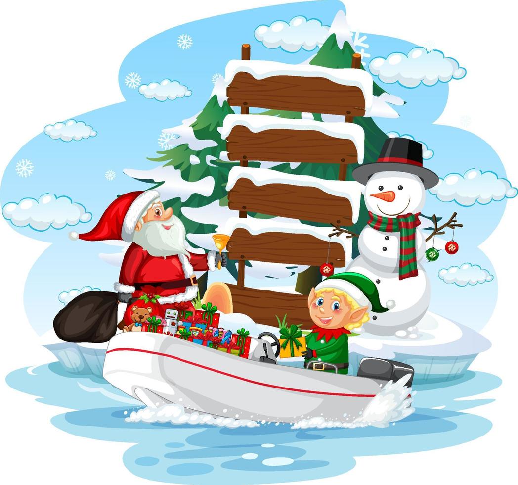 Santa Claus and elves delivering gifts by boat vector