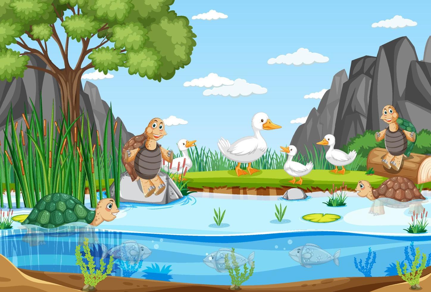 escena de la naturaleza con patos y tortugas en el estanque vector