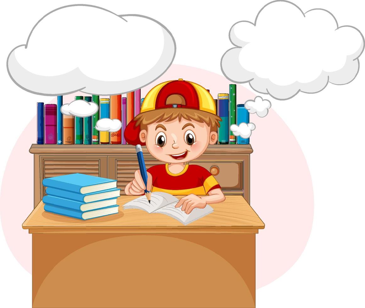 A kid doing homework with speech bubble in the library vector