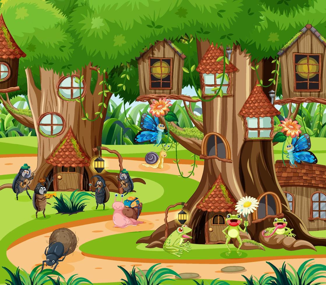 Fantasy forest with cartoon insects vector