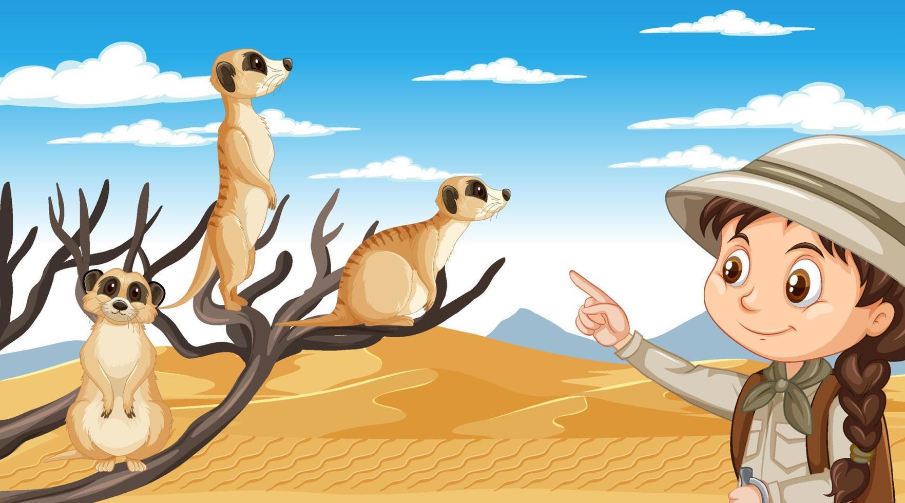 A girl explorer with meerkat group in desert forest vector