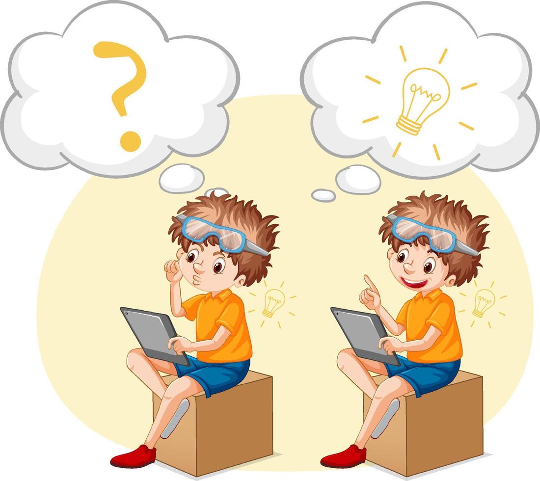 A kid playing iPad with speech bubble vector