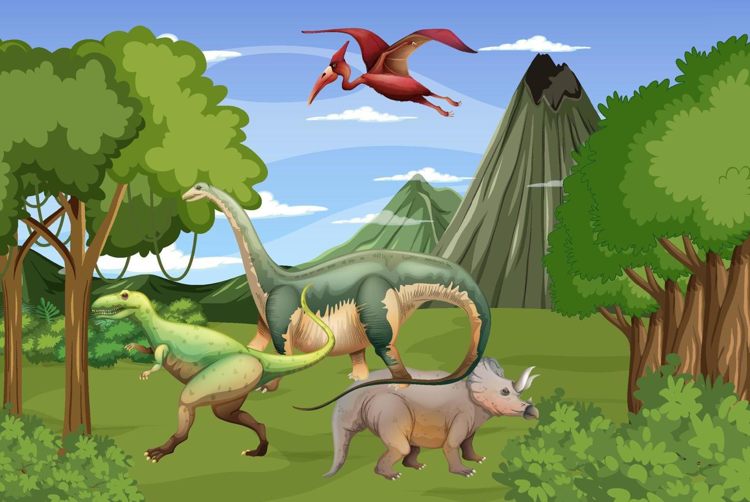 Scene with dinosaurs in forest vector