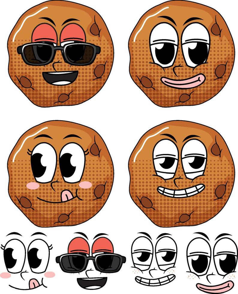 Set of facial expression vintage style cartoon with cookie on white background vector
