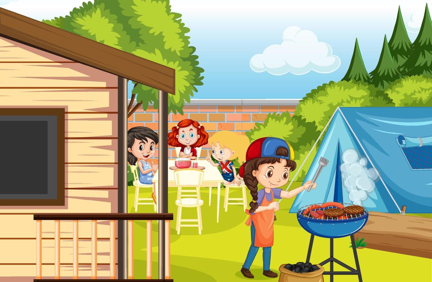 Scene of backyard with kids and fence vector