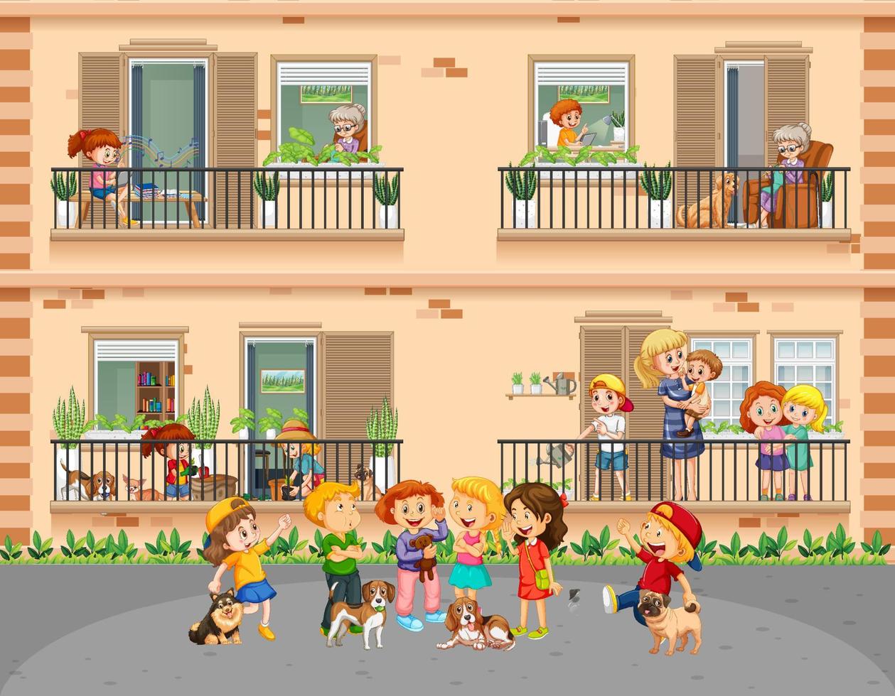 Apartment windows with neighbors cartoon character vector