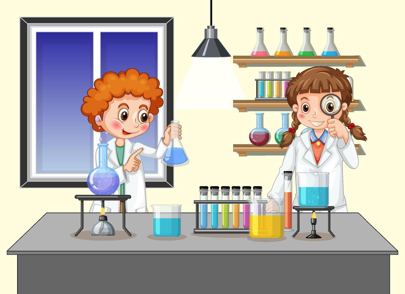 niños científicos en el fondo de la sala de laboratorio vector