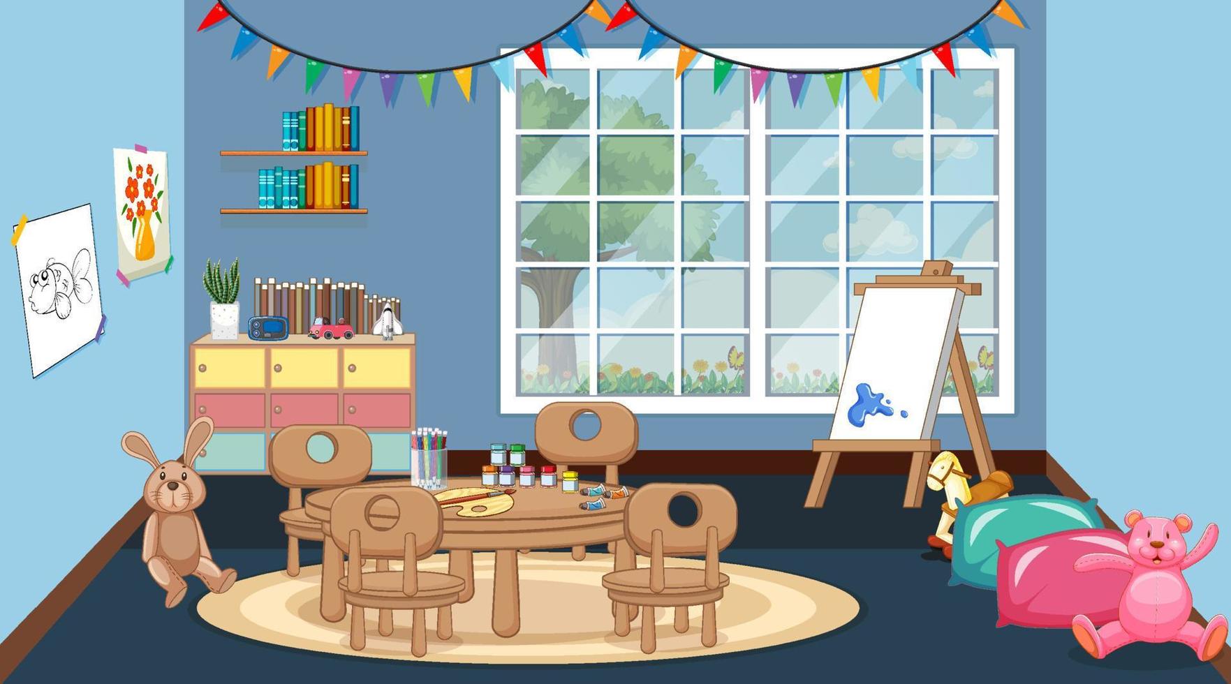 Scene of classroom with table and board vector