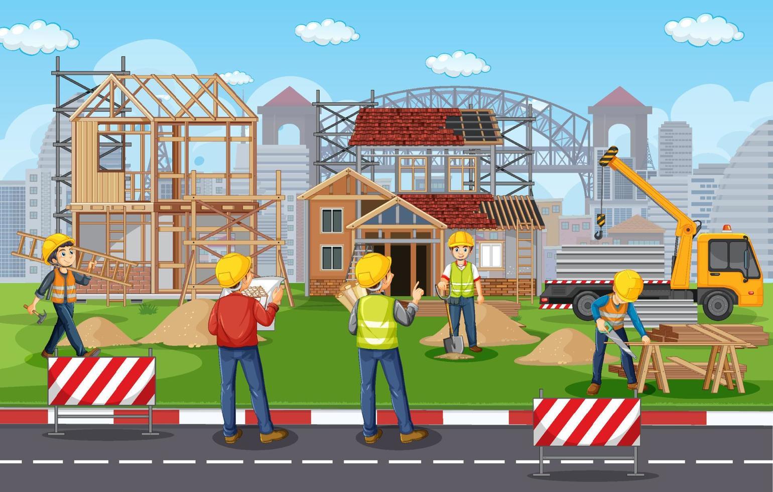 Building construction site with workers vector