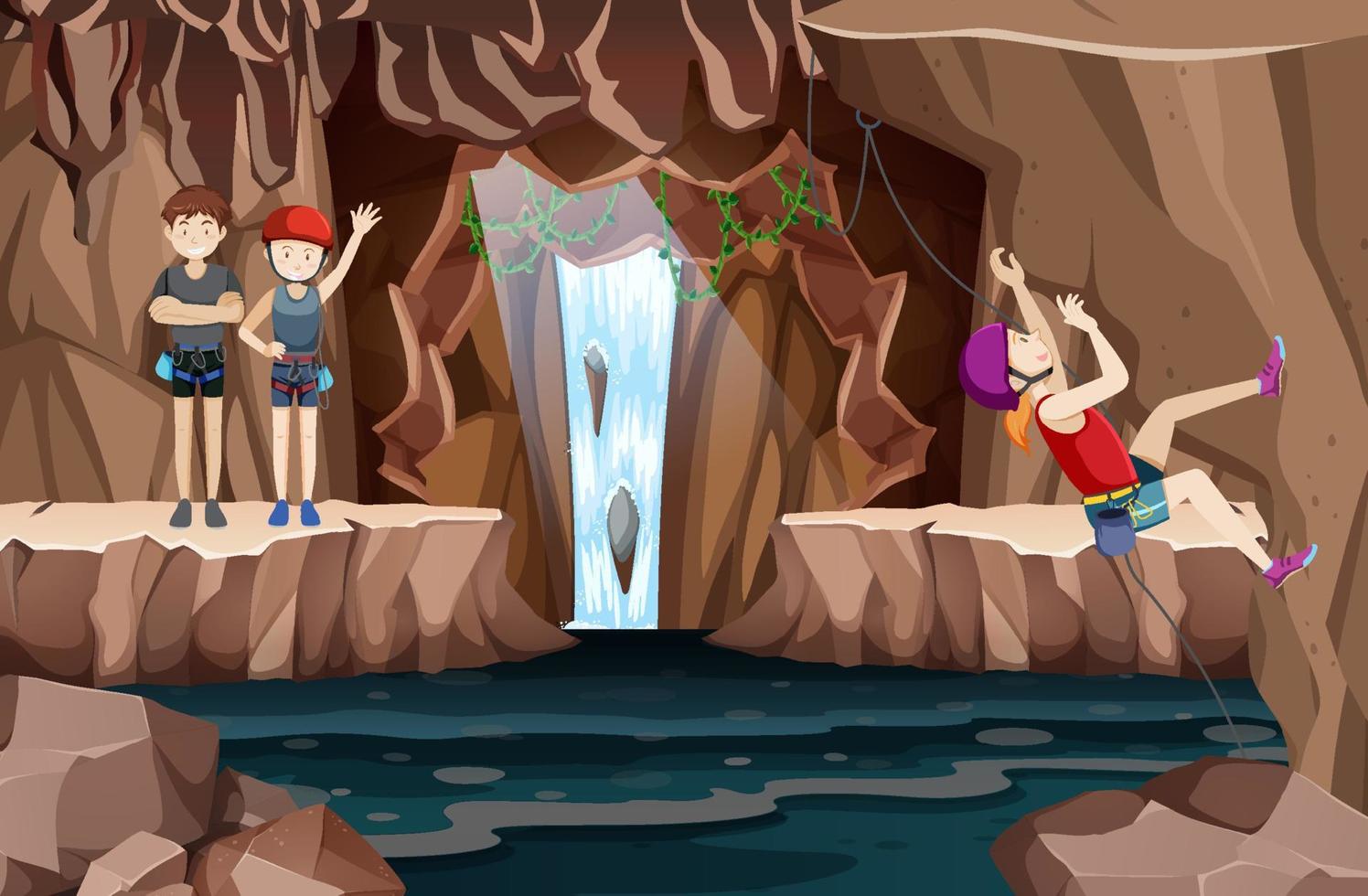 Rock climbing scene with people climbing in cave vector